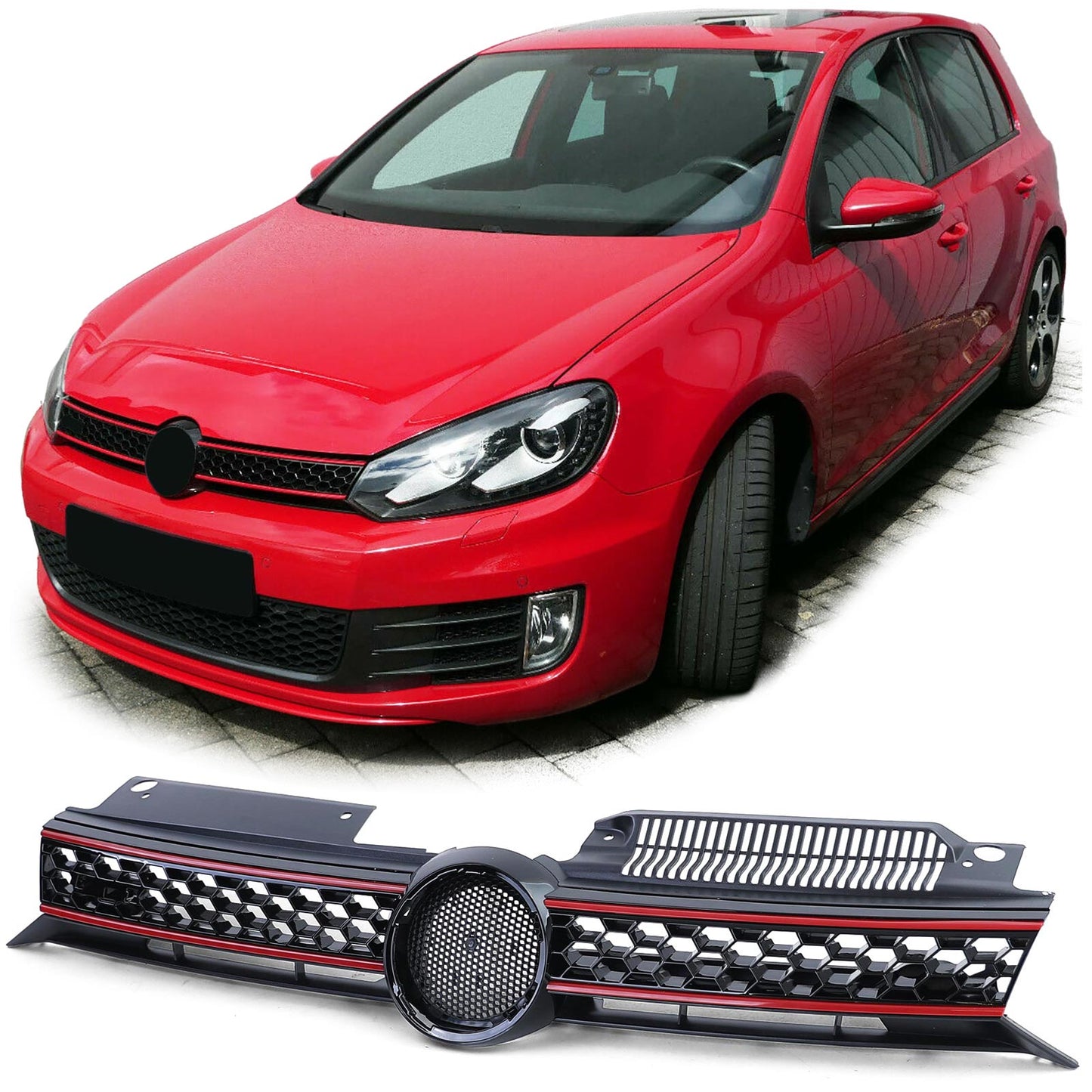 VW Golf 6 anche GTI 08-13 Griglia radiatore nera lucida con strisce rosse