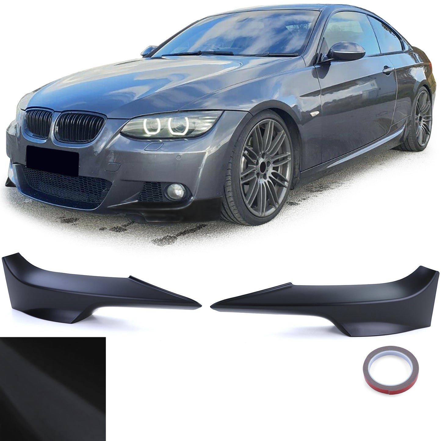BMW Serie 3 E92 E93 06-10 Spoiler anteriore Angoli Flaps Splitter Nero Opaco