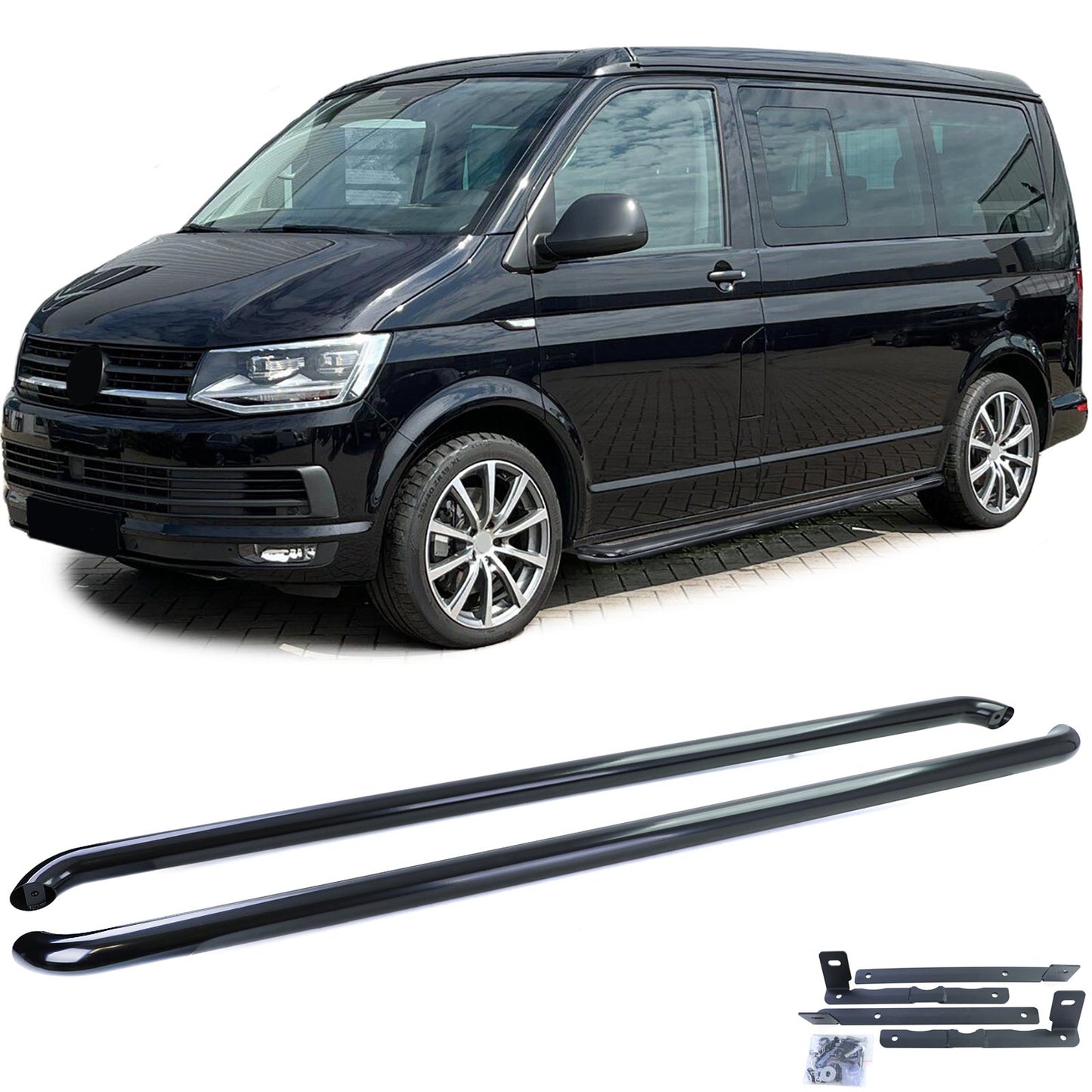 VW T5 T6 T6.1 passo corto Tubi laterali sottoporta in acciaio inox nero lucido