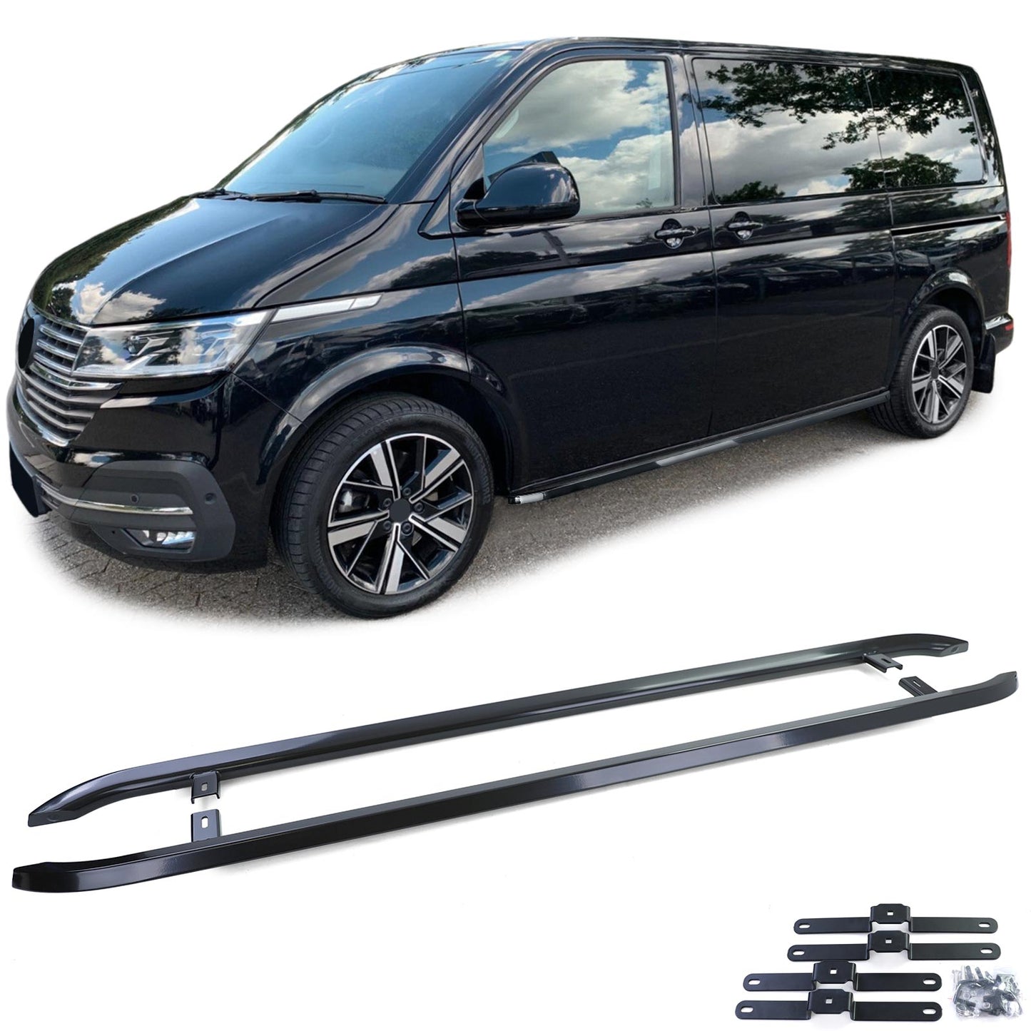 VW T5 T6 T6.1 passo corto Pedane sottoporta in acciaio inox nero lucido